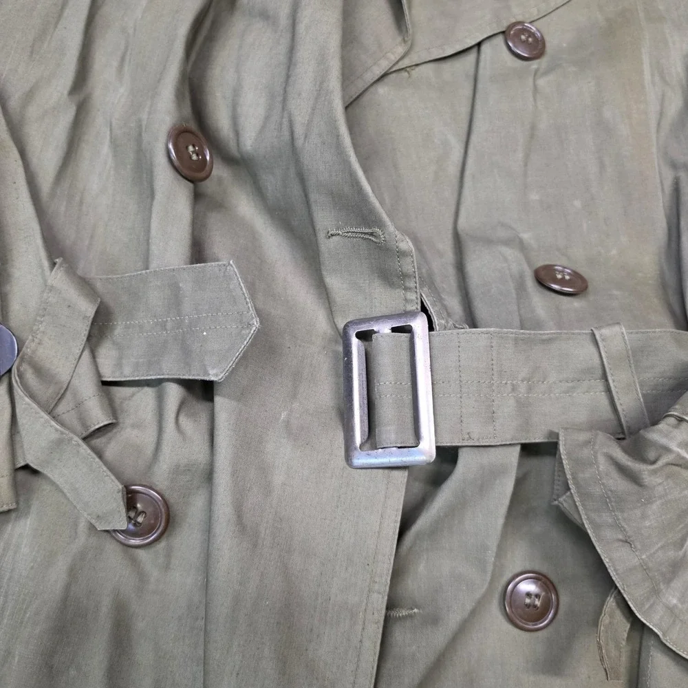 Vintage Military Trench Coat Mens Large Olive Green Good Double Breasted Belted